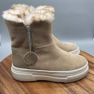 J/Slides Boots Womens Size 8.5 Tan Suede Leather Wally Waterproof Faux Fur Lined